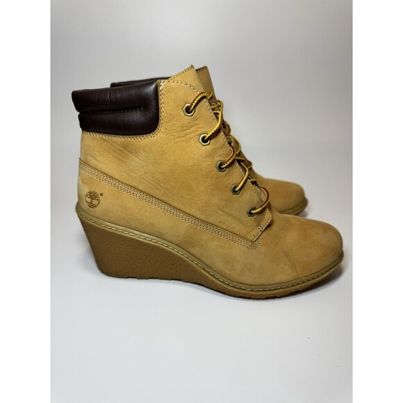 Timberland Women's Amston Wedge High Heel Wheat Suede Leather Boots SIZE 9 - Picture 2 of 16